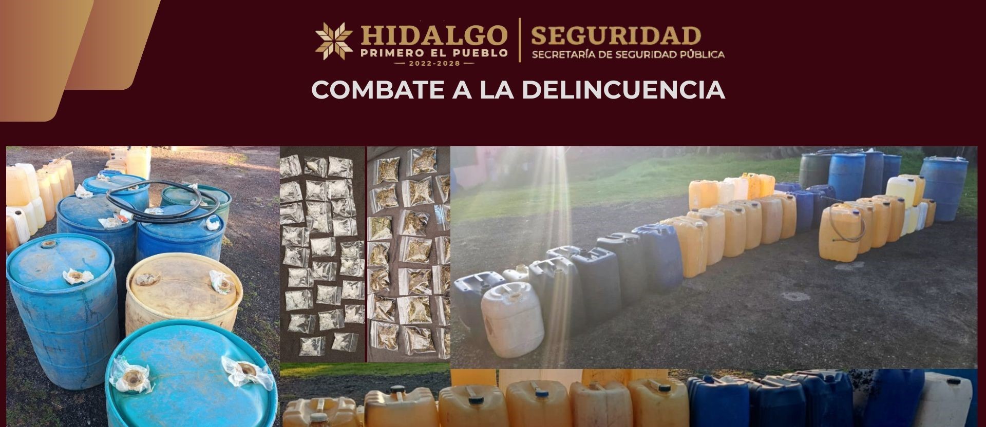 SSPH ejecuta cateos simultáneos en Singuilucan; asegura hidrocarburo y presunta droga 