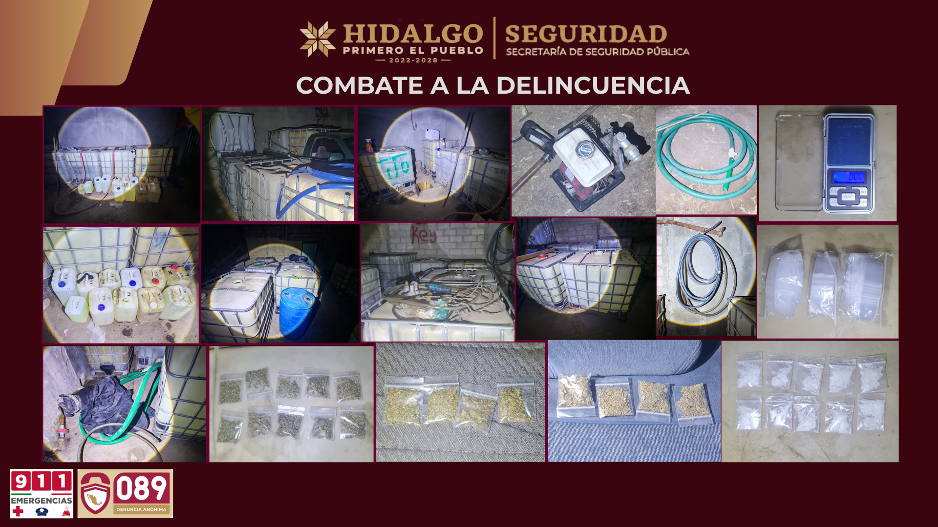 SSPH asegura 7 mil 500 litros de hidrocarburo ilegal y desmantela punto de venta de narcóticos en Tula de Allende 