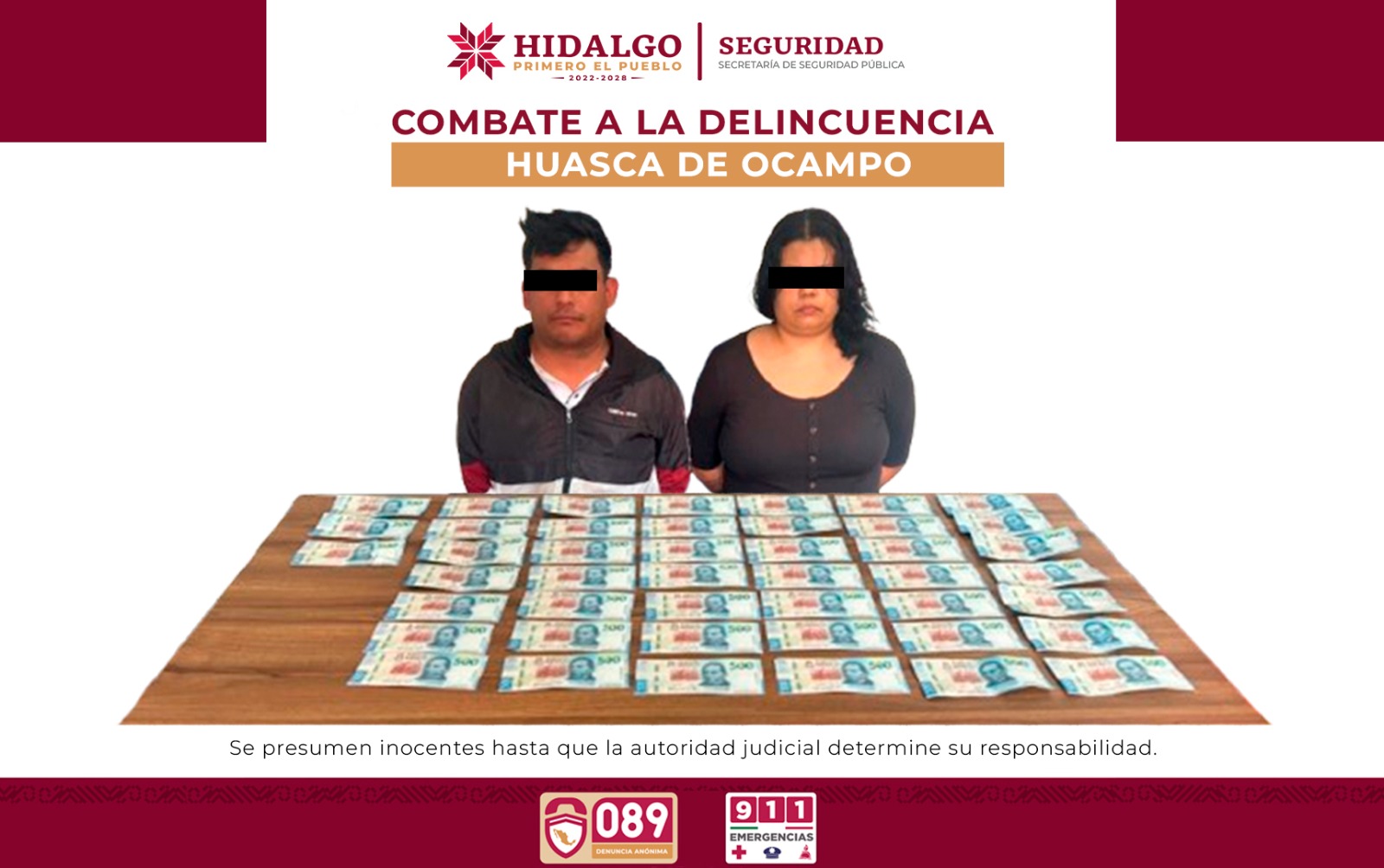 SSPH detiene en Huasca a dos personas con 45 billetes falsos 
